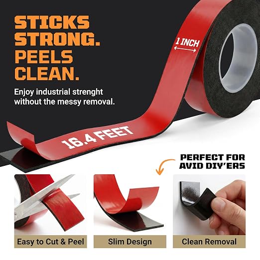 TOOLTROOPERS Wall-Safe Double-Sided Mounting Tape - Heavy-Duty 2-Sided Adhesive Tape - Damage-Free Removal, No Residue - Easy-Peel Liner for Home, Office, DIY, Posters & Signs – 16.4 ft Roll (Black)