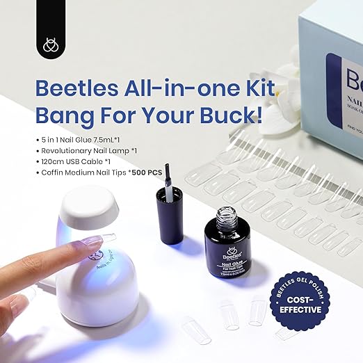 Beetles Gel Nail Kit Easy Extension Set With 500Pcs Medium Coffin Shaped Tips 5 in 1 Nail Glue Base Gel and Innovative Led Lamp Easy Funny Diy False Tips Art at Home Day