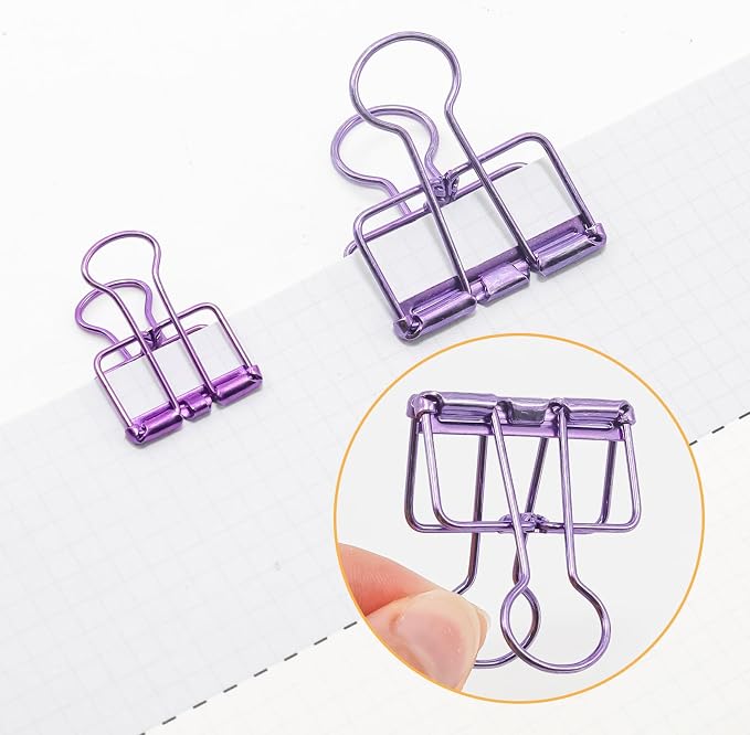 20 Pcs Hollow Out Long Tail Wire Binder Clips, 10 Medium + 10 Small | Purple, Assorted Sizes, Hollow Binder Clamps, Paper Binder Clips for Office School Supplies