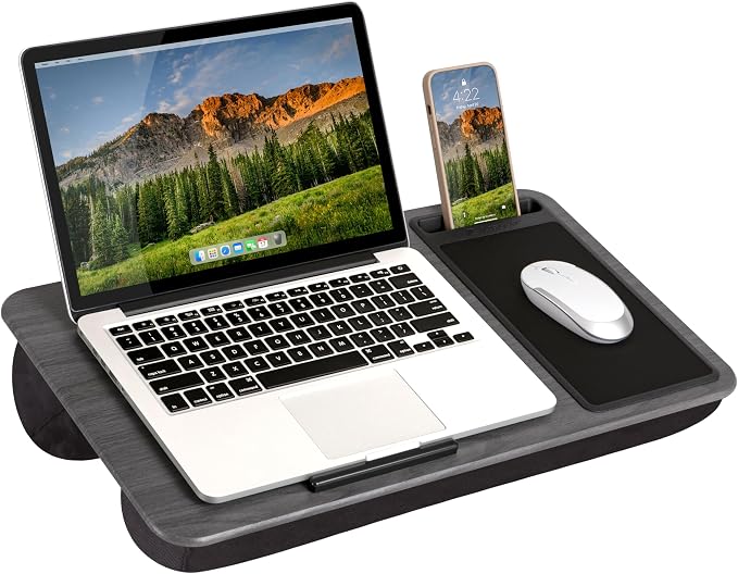 LAPGEAR Home Office Lap Desk – Gray Woodgrain, Fits 15.6” Laptops | Built-In Mouse Pad & Phone Slot, Integrated Device Ledge, Dual-Bolster Microbead Cushion, Carry Handle