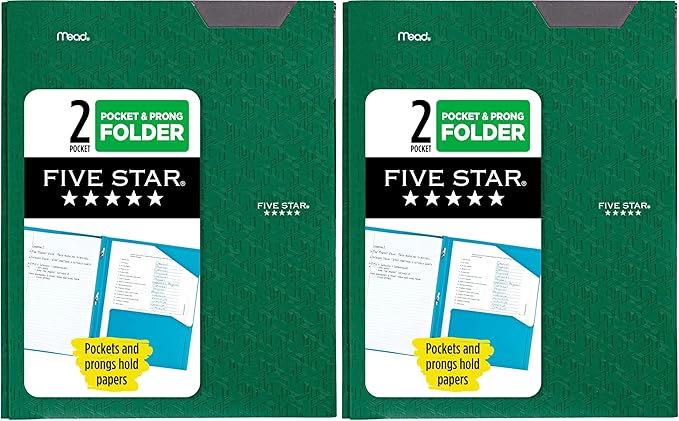 Five Star 2 Pocket Folder, Plastic Folder with Stay-Put Tabs and Prong Fasteners, Fits 3-Ring Binder, Holds 8-1/2" x 11" Paper, Writable Label, Forest Green (72111) (Pack of 2)