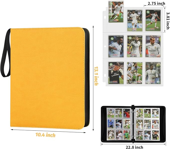 GERMUN 3 Ring 9 Pocket Zipper Card Binder, 720 Double Sided Standard PU Trading Card Album Folder for TCG & Sports Cards, Not Fit Top Loaders (yellow)