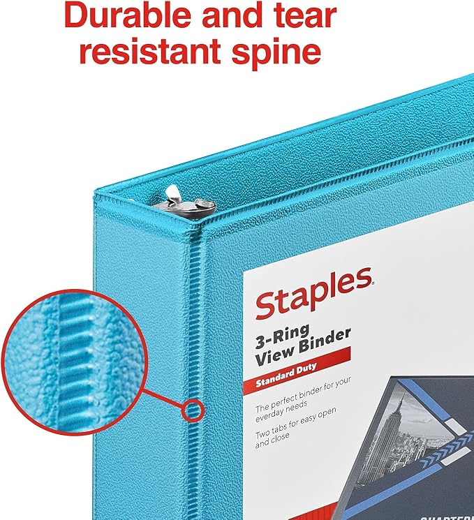 Staples Mini View Binder, 1-Inch 3-Ring, Compact, Teal, 175 Sheets | Compact size for notes, school, and small project organization.
