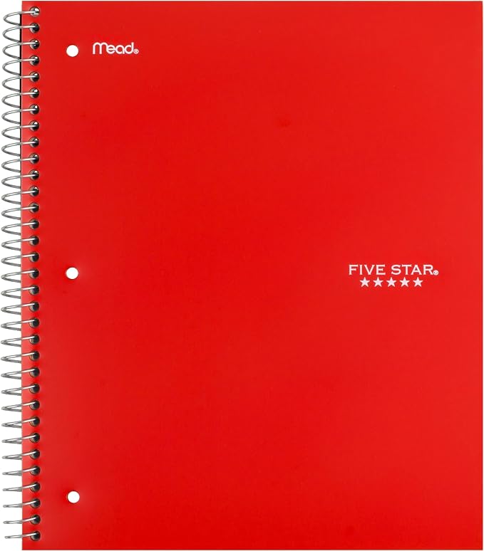 Five Star Spiral Notebook + Study App, 3 Subject, Wide Ruled Paper, 10-1/2" x 8", 150 Sheets, Red (72029)