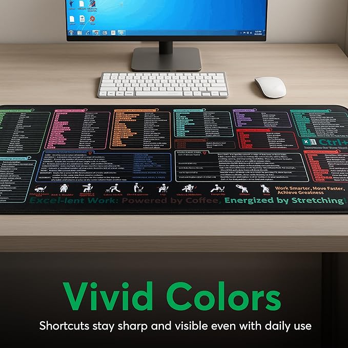 Excel Cheat Sheet Desk Pad – XL Excel Mouse Pad Shortcuts 35.5"x15.7", Waterproof Non-Slip Desk Mat with Shortcut Keys & Formulas, HD Print, Stitched Edges for Work & Gaming