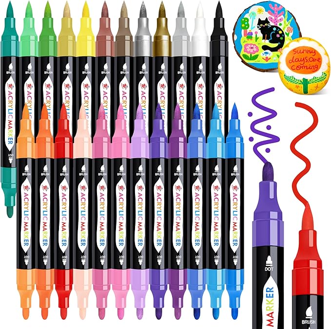 TBC The Best Crafts 24 Colors Dual Tip Acrylic Paint Markers,Waterproof, Non-Toxic, odorless, Suitable for Paper, Pottery, Stones, Backpacks, Glass (24 Colors)