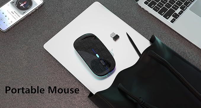 Wireless Bluetooth Mouse Rechargeable Laptop Mice with LED Lights Silent Slim Use(BT5.2 and 2.4G Portable USB Receiver)Dual Mode Computer Mouse for Laptop/iPad/Tablet/Apple/PC/Mac(Pearl Black)