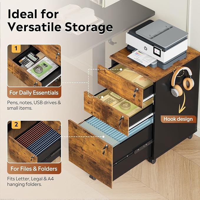 DEVAISE 3 Drawer File Cabinet with Individual Locks, Rustic Brown | Wood Filing Cabinet for Home Office, Mobile Printer Stand with Wheels, Under Desk Storage for Letter/A4/Legal Size