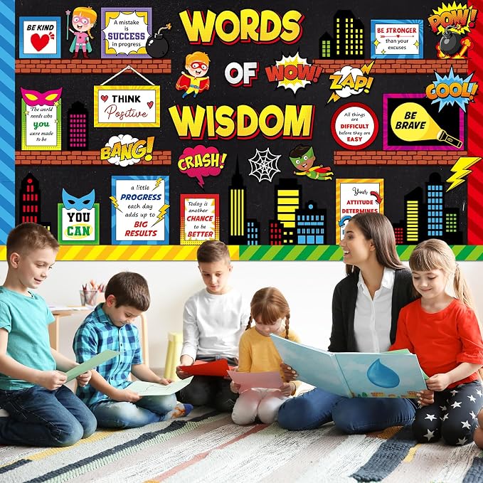 Mooliwe 57 Pcs Hero Bulletin Board Cityscape Cutouts for Classroom Decor | Inspirational Quotes with Comic Action Words, Building Skyline Designs for Office Chalkboard Door Wall