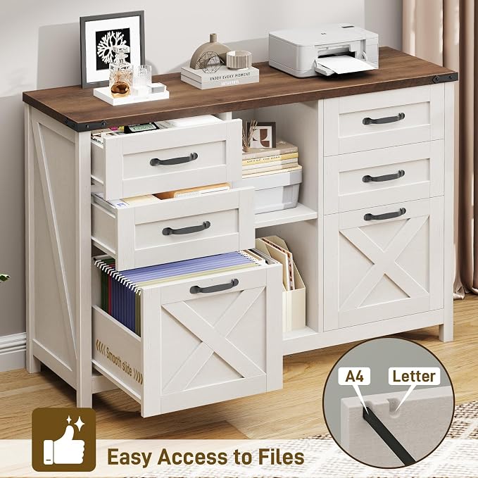 Halitaa Farmhouse Lateral File Cabinet with 6 Drawers, White and Brown | Lateral Filing Cabinet for Letter/A4 Size Hanging File, Wood File Storage Cabinet Printer Stand for Home Office Cabinet
