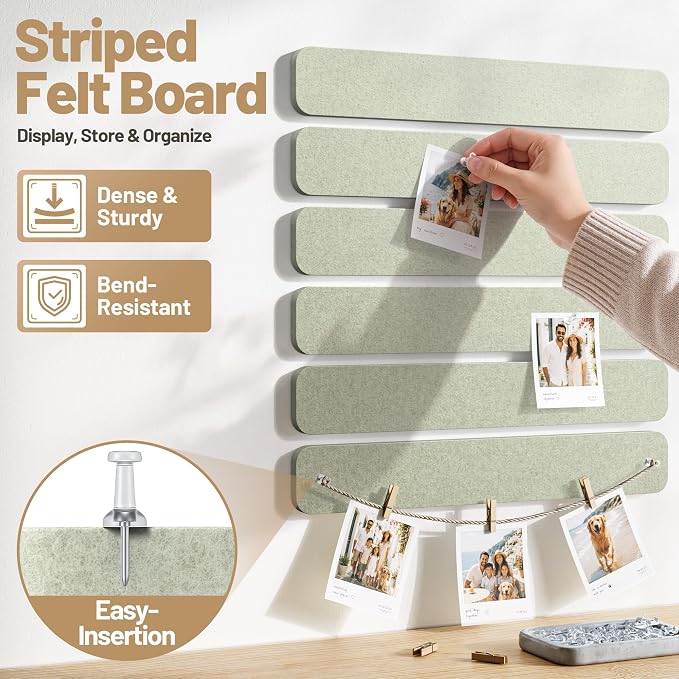 10 Pack 13"x2" Cork Board Strip with Removable Adhesive Squares & Push Pins | Pin Board Alternative Felt Strip Bulletin Board, Felt Board for Photo & Note Display, Home Office Decor - Sage