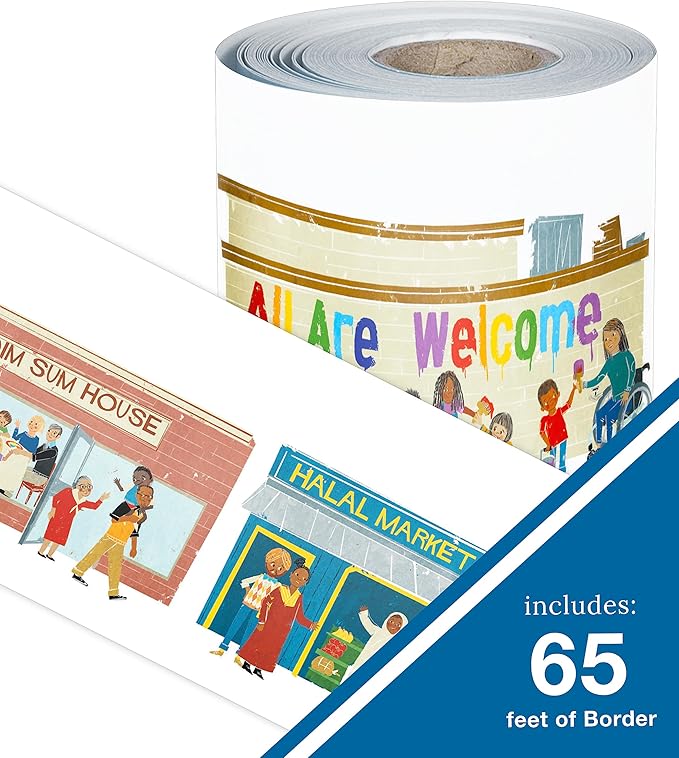 Carson Dellosa All are Welcome 65Ft Celebrate Diversity Bulletin Board Borders, 1 Roll of All are Neighbors Trim for Rolling Whiteboard, Cork and Posterboard, Office Decorations, and Classroom Decor