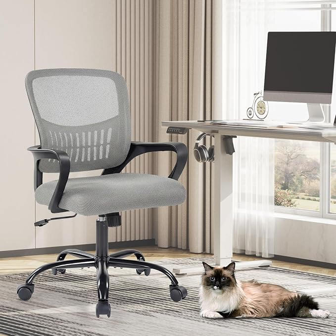 DUMOS Home Office Chair, Ergonomic Lumbar Support Desk Chair | Mid Back Mesh, Height Adjustable Fixed Armrest, Rocking Mode 360 Swivel, Conference Computer, Grey