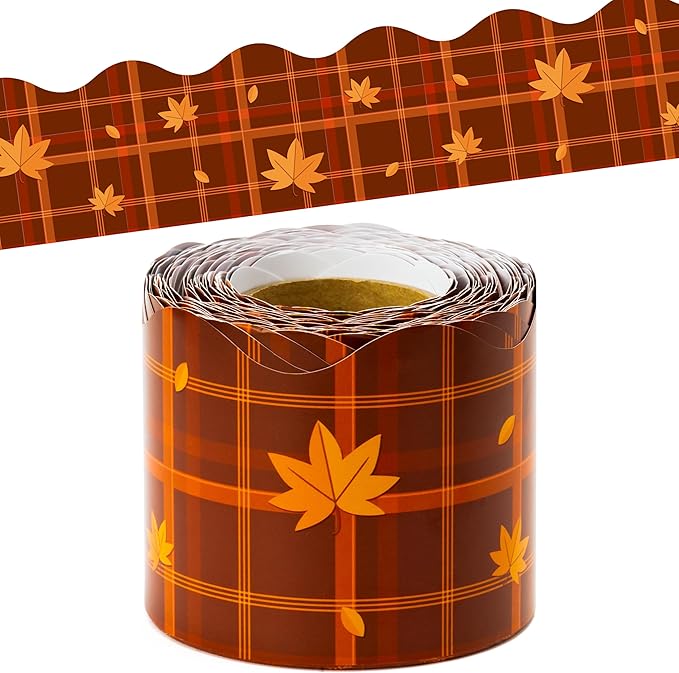 BeYumi Fall Plaid Border Trim - 65ft Fall Maple Leaves Plaid Scalloped Rolled Border Trim Autumn Thanksgiving Brown Bulletin Board Set Harvest Party Decor Classroom Office Chalkboard Door Decoration