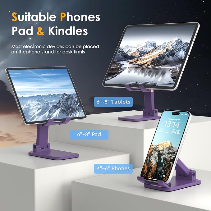 Cell Phone Stand for Desk, Adjustable Height & Angle Phone Holder, Foldable Portable Stand with Anti-Slip Silicone Pad, Compatible with iPhone and All Smartphones 4–8 Inch, Purple