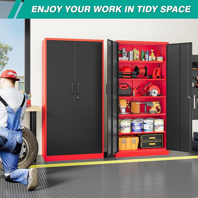 Wide & Deep Metal Storage Cabinet with 5 Shelves,72" Tall Red Garage Storage Cabinet with Lock,Metal Cabinets with Locking Doors,Lockable Steel Cabinets for Home,Office,Shop,Garage,72x36x18
