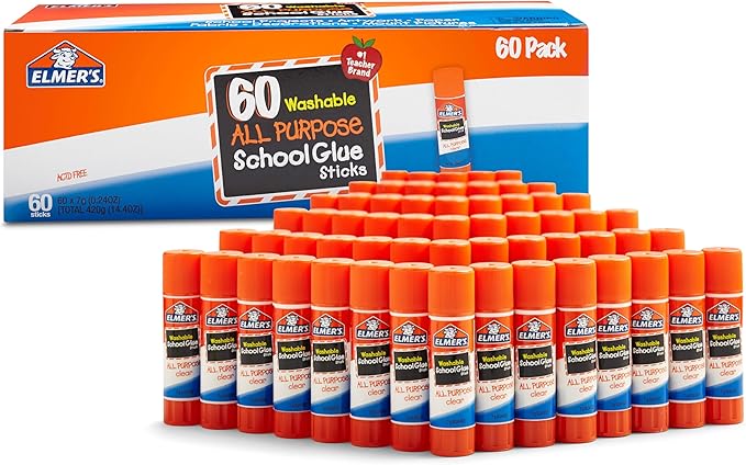 Elmer's All Purpose School Glue Sticks, Acid-Free and Washable, 7 Grams, 60 Count - Craft Projects, Poster, Vision Board, Classroom Supplies, #1 Teacher Brand