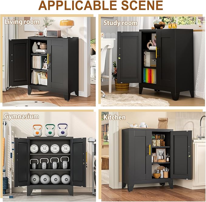 36" Metal File Storage Cabinet with Lock,Steel Locker Organizer, Office File Cabinet with 2 Doors and 2 Adjustable Shelves,Outdoor Tool Garage Cabinets for Home Office,Gym,School,Warehouse(Black)