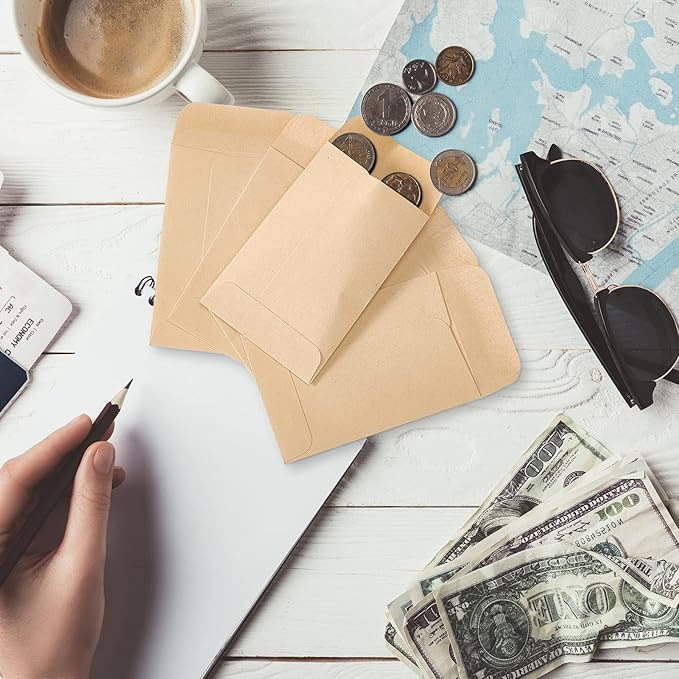 ACSTEP 100 Pack #1 Paper Kraft Seeds Envelopes 2-1/4 X3-1/2, Small Coin Envelope 2x3 For Key, Tip, Seeds Packets, Self Adhesive Water Glummed Mini Tiny Envelopes