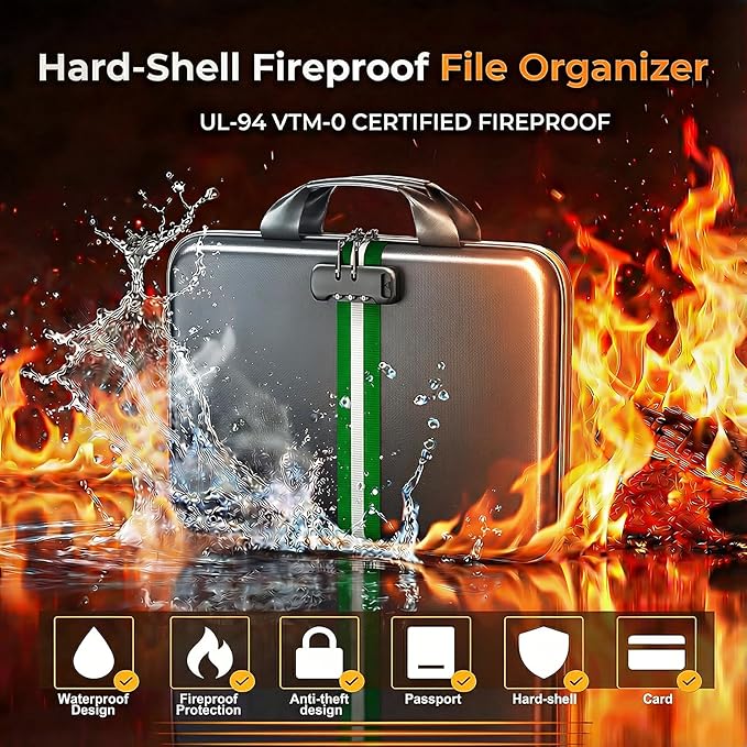 Fireproof Accordion File Organizer with Lock,Hard-Shell Fireproof Document Box with 13 Pockets for Certificates, Passports Laptop Important Documents Portable Home Office Travel Safe Storage