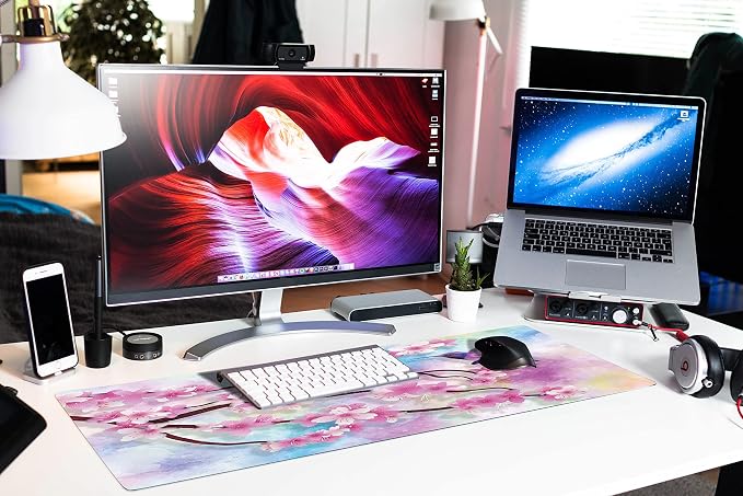 Extended Large Gaming Mouse Pad Spring Peach Blossoms and Hummingbirds XXL Size Keyboard Mouse Mat Desk Pad with Non Slip Rubber Base Stitched Edges Office Decor for Women Girls Men,35.4 x 15.7inch