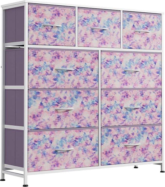 WLIVE 9 Drawer Dresser, Fabric Storage Tower for Bedroom, Hallway, Closet, Tall Chest Organizer Unit for Bedroom with Fabric Bins, Steel Frame, Wood Top, Easy Pull Handle, Tie-dye Purple Print