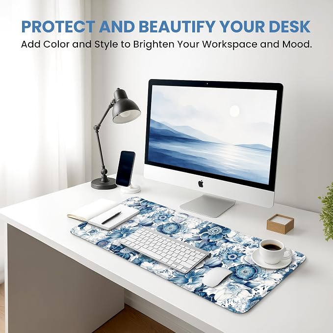 Aesthetic Desk Mat, Cute Blue Floral Desk Pad Protector for Work & Decor, 31.5" x 11.8", Pretty Non-Slip Extended Mouse Pad for Office or Home