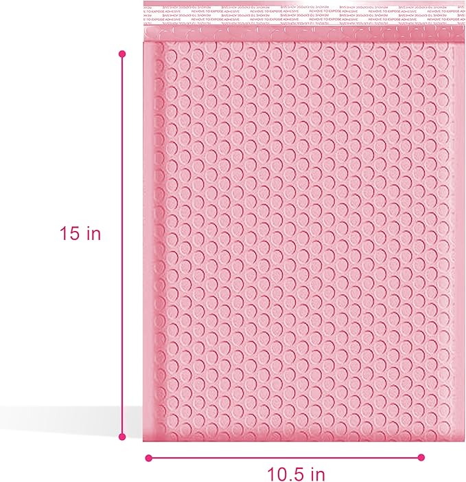 Light Pink 10.5x16 Inch Poly Bubble Mailers #5 | Self Seal Large Padded Envelopes Air Cushioned Bubble Mailer | Usable Size 10.5x15 Inch | Waterproof Lightweight Mailing Shipping Bags | 100 Pack Bulk