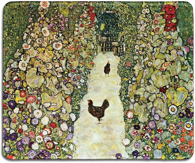 dealzEpic - Art Mousepad - Natural Rubber Mouse Pad with Famous Fine Art Painting of Garden with Roosters (Chickens) by Gustav Klimt - Stitched Edges - 9.5x7.9 inches