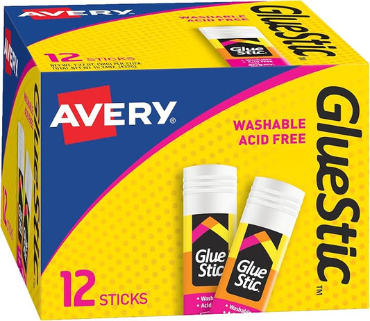 Avery Glue Stick White, Washable, 1.27 oz. Permanent Glue Stic, 12pk (00196)