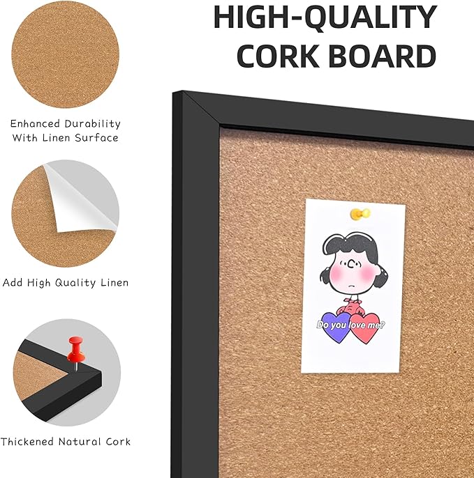 Cork Bulletin Board, 48x36 Inches Hanging Cork Board Wooden Framed with Pins for Wall, Dorm Room, Office, Home Decor – Natural Cork & Black Frame