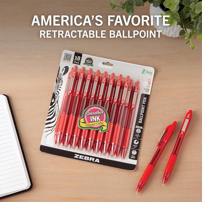 Zebra Pen Z-Grip Retractable Ballpoint Pen, Red Ink, 1.0mm, 18-Pack | Smooth Writing, Medium Point Tip, Ideal for Planners, Note-Taking, School and Office Supplies, and Everyday Writing (22318)