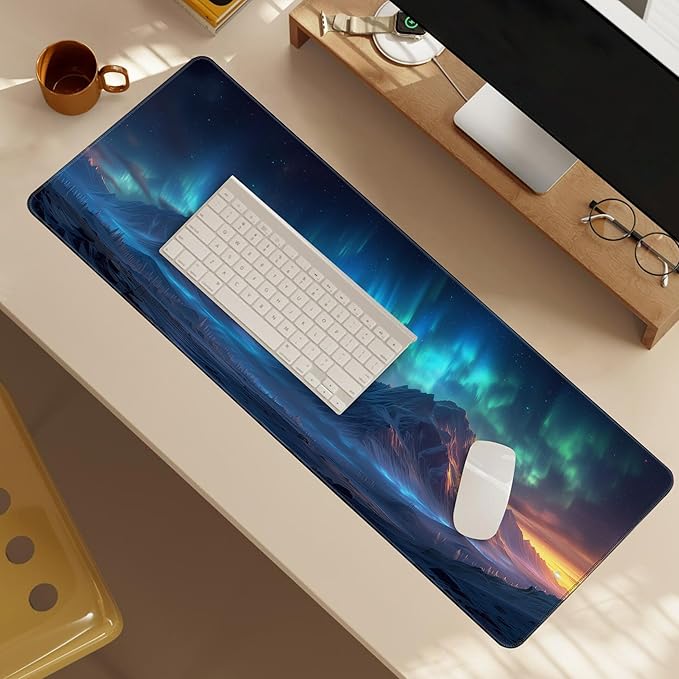 Extra Large Gaming & Office Mouse Pad 31.5" x 11.8" – Aurora Borealis Over Winter Landscape Snow Mountains & Captivating Night Sky, Desk Mat with Durable Stitched Edges for Home&Game Decor