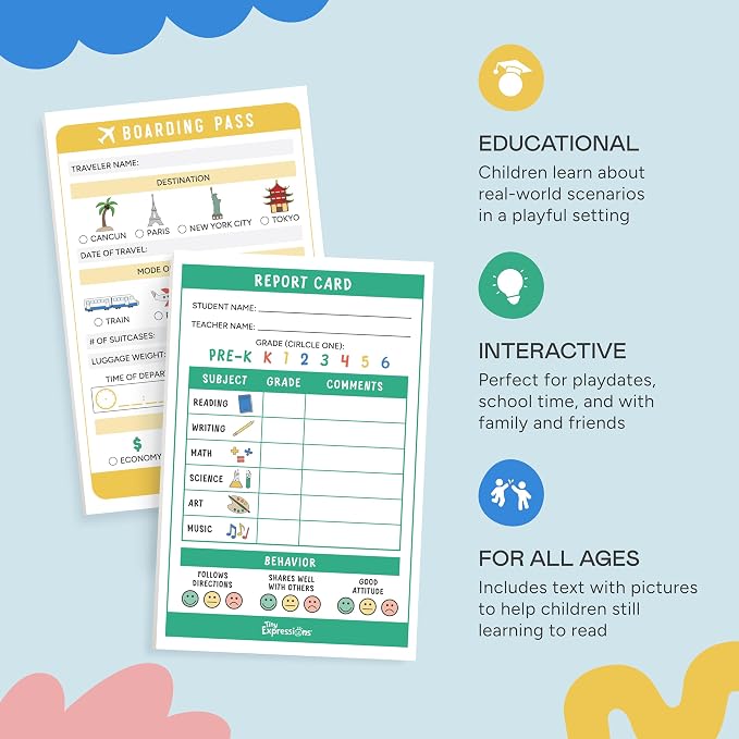 Kids Pretend Play Notepads - Boarding Pass & Report Card | 40 Pages Boarding Pass Notepad, 40 Pages Classroom Report Card Notepad, Travel Booking Agent &Teacher Imaginative Role Play