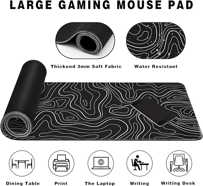 Long Gaming Mouse Pad Extended Anime Large Desk Pad with Non-Slip Base Full Keyboard Mat with Stitched Edges for Gaming and Office 31.5 x 11.8 inches (Black Geometry)