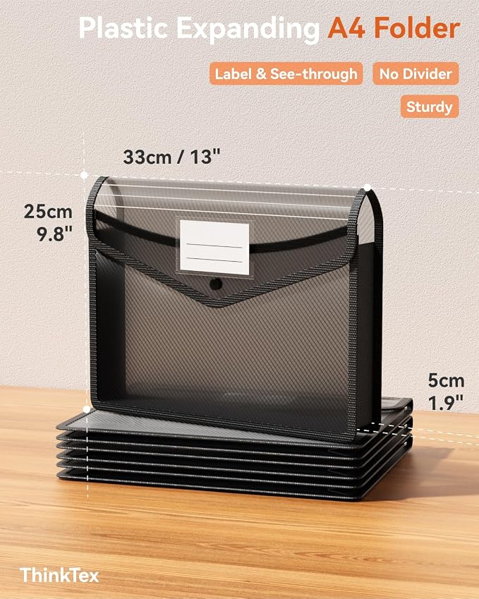 ThinkTex Plastic Expanding File Folder, Transparent envelopes with Snap | No Dividers, Large Capacity, Fit Letter/A4 Size - 5 Packs