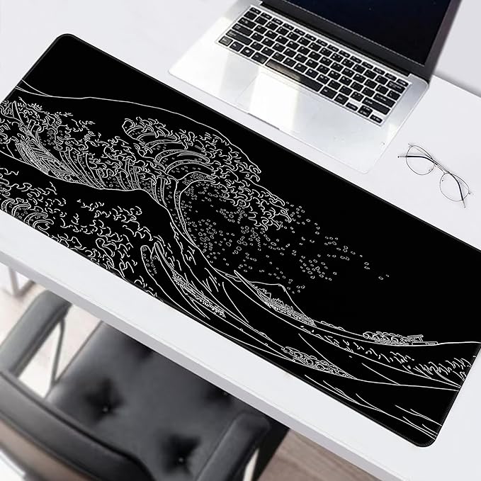 Long Gaming Mouse Pad Extended Anime Large Desk Pad with Non-Slip Base Full Keyboard Mat with Stitched Edges for Gaming and Office 31.5 x 11.8 inches (Black Wave)