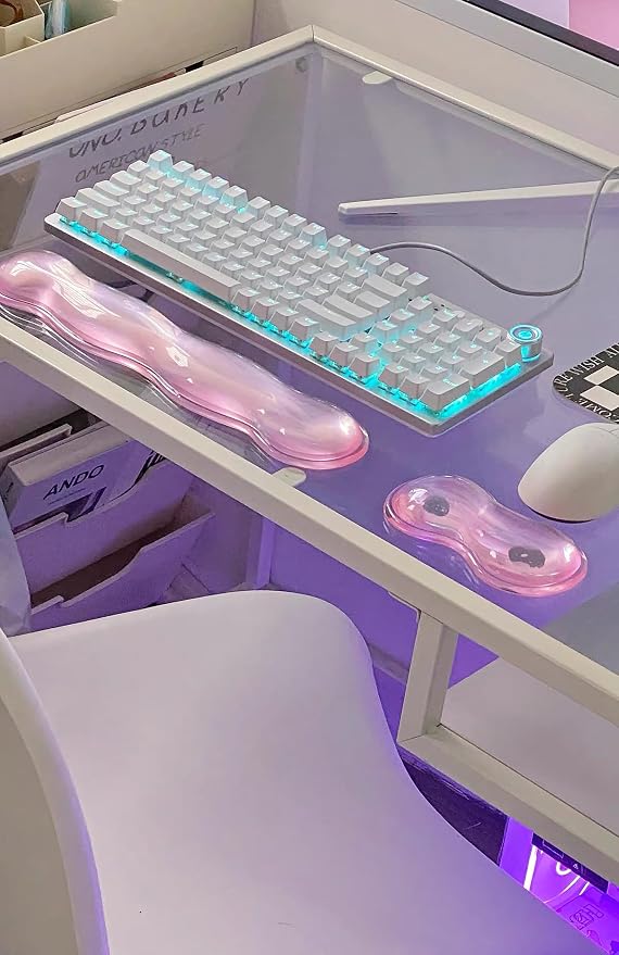 Mouse Pad with Wrist Rest, Soft Cloud Gel Keyboard Mouse Pad Set with Hand Wrist Support, Cute Non Slip Office Desk Accessories for Comfort/Pain Relief/Computer/Laptop (Pink Wave)