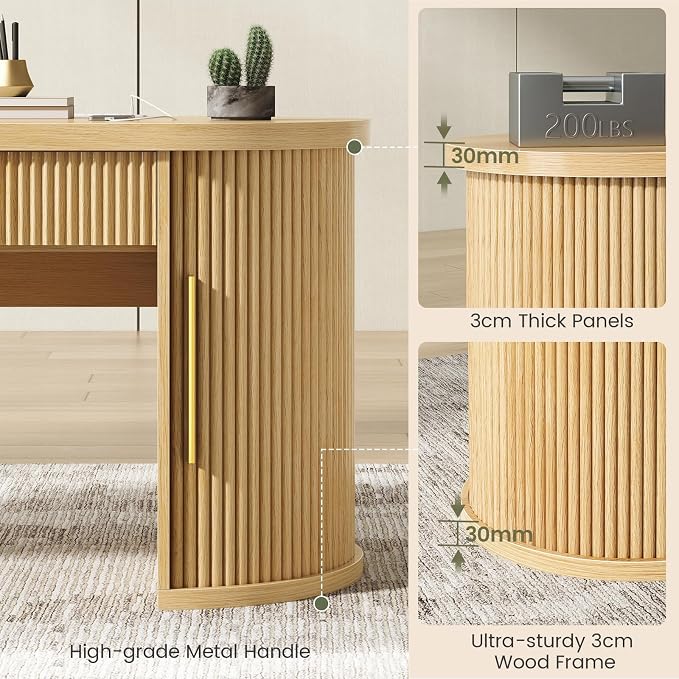 SEDETA 58.3" x 21.7" Fluted Office Executive Desk with 2 Drawers Storage | Light Oak Long Computer Desk with 2 Sliding Doors Shelves and Power Strip, Wood Curve Desk for Work, Writing, Study