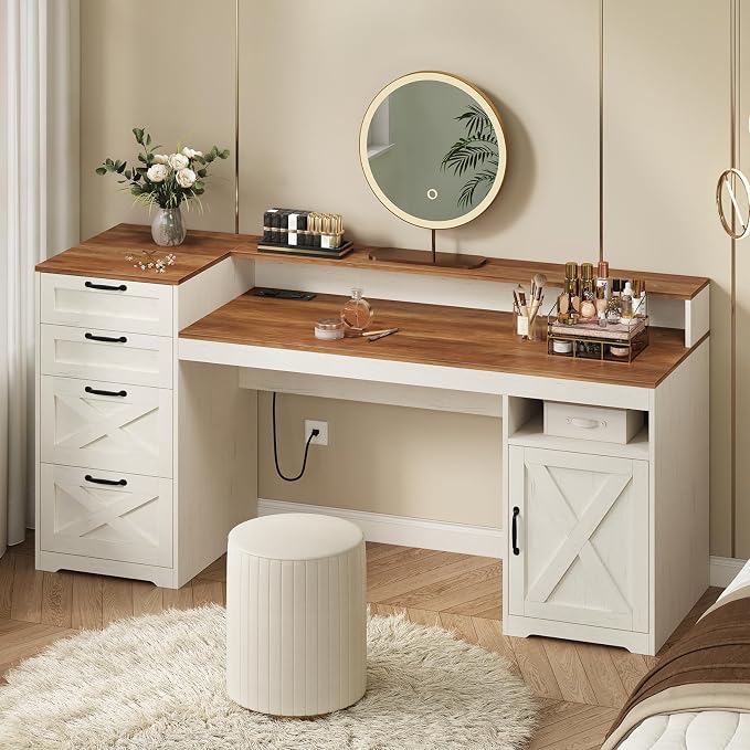 63" Farmhouse Computer Desk with 4 Drawers for Home Office, Bedroom | Executive Desk with Printer Shelf, Monitor Stand, Home Office Desks with Power Outlets, Storage Shelves, Antique White