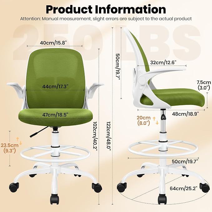 Drafting Chair Tall Office Chair with Flip-up Armrests Executive Ergonomic Computer Standing Desk Chair with Lumbar Support and Adjustable Footrest Ring (AvocadoGreen)