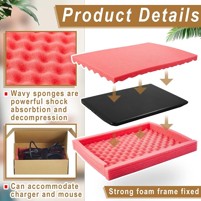 2 Sets Laptop Shipping Box with Foam Protection Computer Mailing Box up to 17 Inch with Charger Boxs, Foam Frame, Foams Sheets Padding Kraft Secure Mailing Boxes for Packing Moving 16.7x13x2.5 Inch