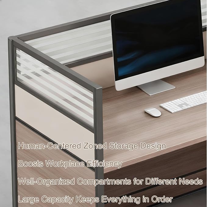 Modern Office Workstation Desk with Side Storage Cabinet, Tempered Glass Privacy Panels, USB Charging Hub & Cable Management, Modular Cubicle Desk for Office Work (B - Left, 6P)