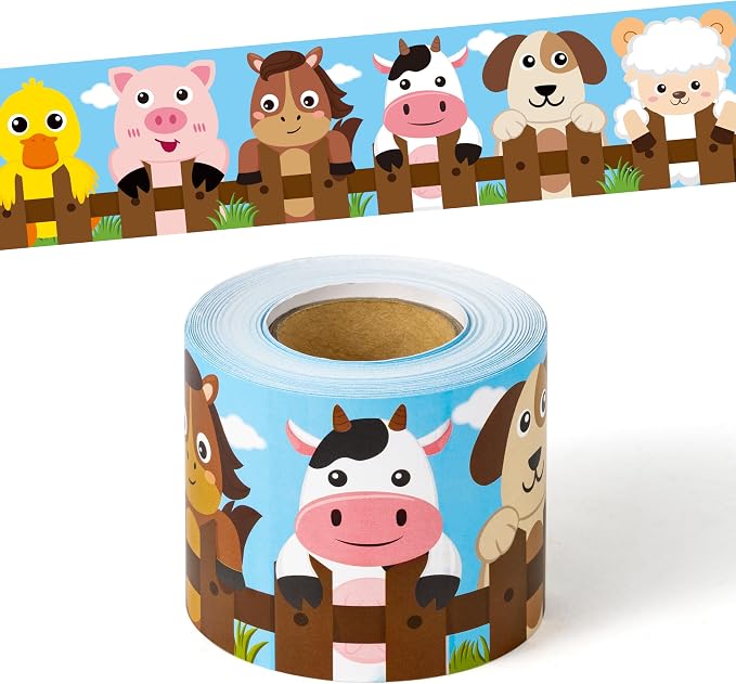 BeYumi Farm Animals Border Trim - 65ft Back to School Farm Animals Straight Rolled Border Trim Cute Cartoon Animal Bulletin Board Set School Classroom Office Farmhouse Chalkboard Party Holiday Decor