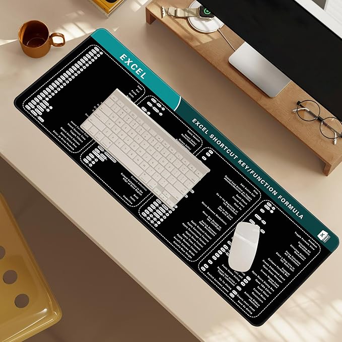 Excel Cheat Sheet Desk Pad, 31.5"x11.8", Waterproof Extra Large Excel Shortcut Mat with Stitched Edges, Anti-Slip Excel Mouse Pad for Office Desk, MS Excel/Word Shortcuts (Green Excel I)