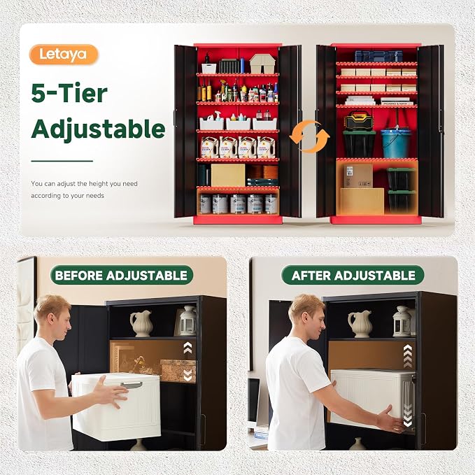 Metal Garage Storage Cabinets with Lock, 72" Tall Locker Organizer Steel Tool Cabinets,5 Adjustable Shelves 2 Doors for Home Office, Warehouse,Garage,Industrial,Employee (Black Red)