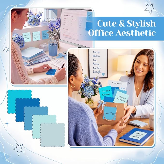 Epakh 10 Pack Scalloped Line Sticky Notes,3 x 3 Inch,Blue | 300 Sheets, Small Notes Pads, Thick Note Pads, Strong Adhesive, Back to School Office Supplies