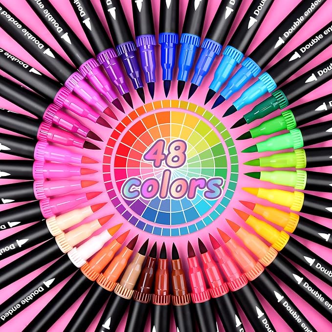 48 Colors Dual Markers Brush Pens, Art Markers Colored Pens for Adult Coloring Books, Brush and Fine Point Dual Tip Artist Colored Marker Set