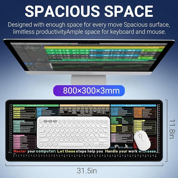 Excel Cheat Sheet Desk Pad 31.5x11.8-Large Waterproof Desk Mat with Inch Scale,Contain 12 Types of Common Skill in Excel&Word, Excel Shortcut Mousepad for Office Computer(Common Office Software 01)