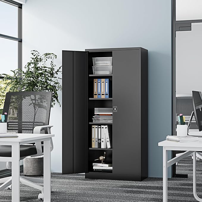 Fesbos Metal Storage Cabinet-71” Tall Steel File Cabinets with Lockable Doors and Adjustable Shelves-Black Steel Storage Cabinet for Home,Kitchen, School, Office, Garage